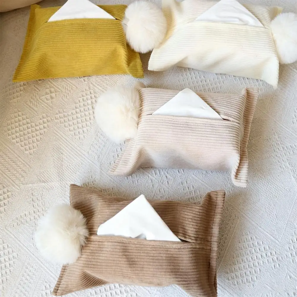 Cute Knitted Tissue Box Cover Fabric Napkin Holder Bag with Plush Ball Washable Car Desktop Tissue Pouch Home Decor