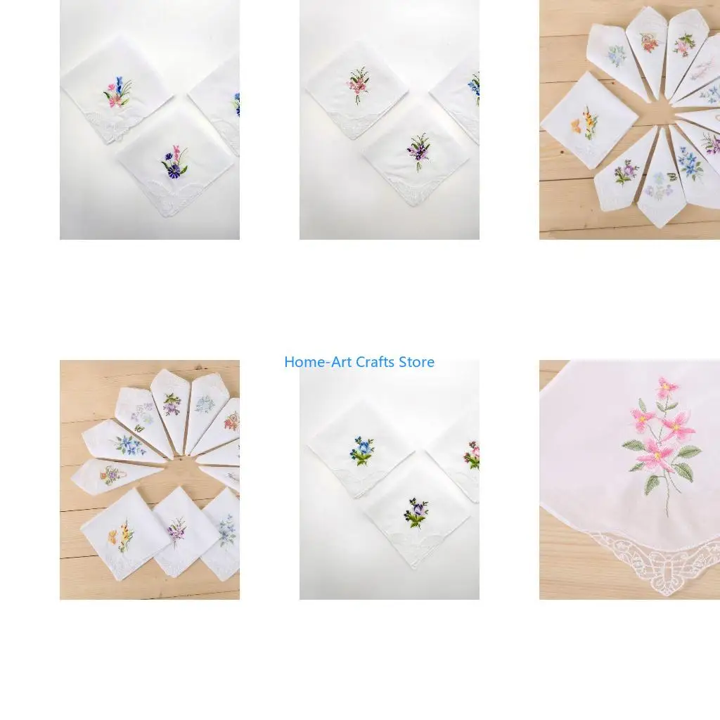 Y3NA 3Pcs/Set Women Basic White Square Handkerchief Floral Embroidered Pocket Hanky B