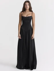 Mozision Lace-up Satin Maxi Slipdress Women Black Spaghetti Strap Sleeveless Backless Maxi Dress Femme Club Party Evening Dress