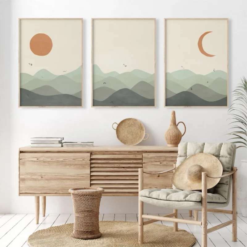 Abstract Landscape Green Mountains River Sun Moon Posters and Prints Canvas Printing Wall Art Picture for Living Room Home Decor