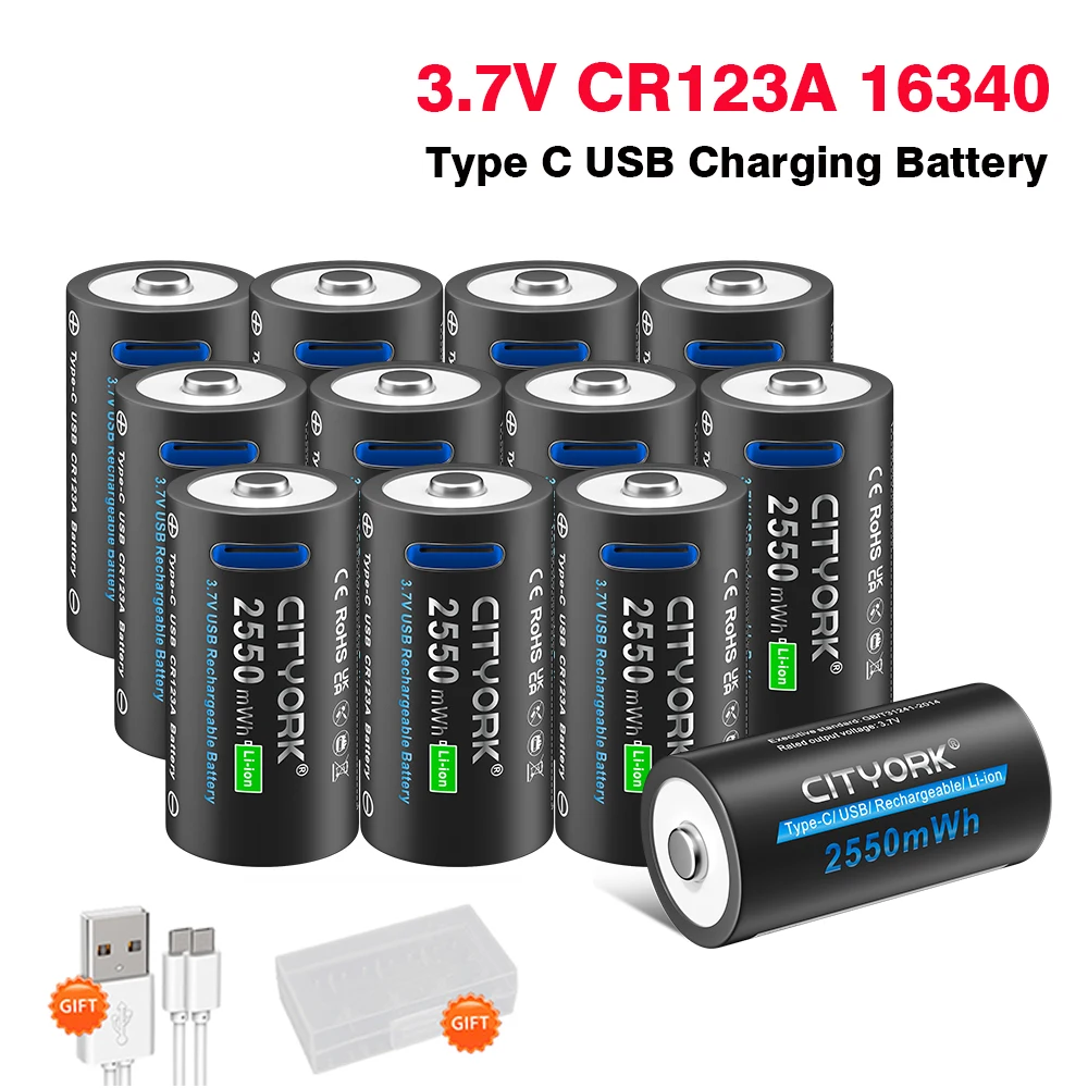 CITYORK 2550mWh 3.7V 16340 16350 Rechargeable Battery USB Charging RCR123 CR123 CR123A Li-Ion Btteries For With USB Cable