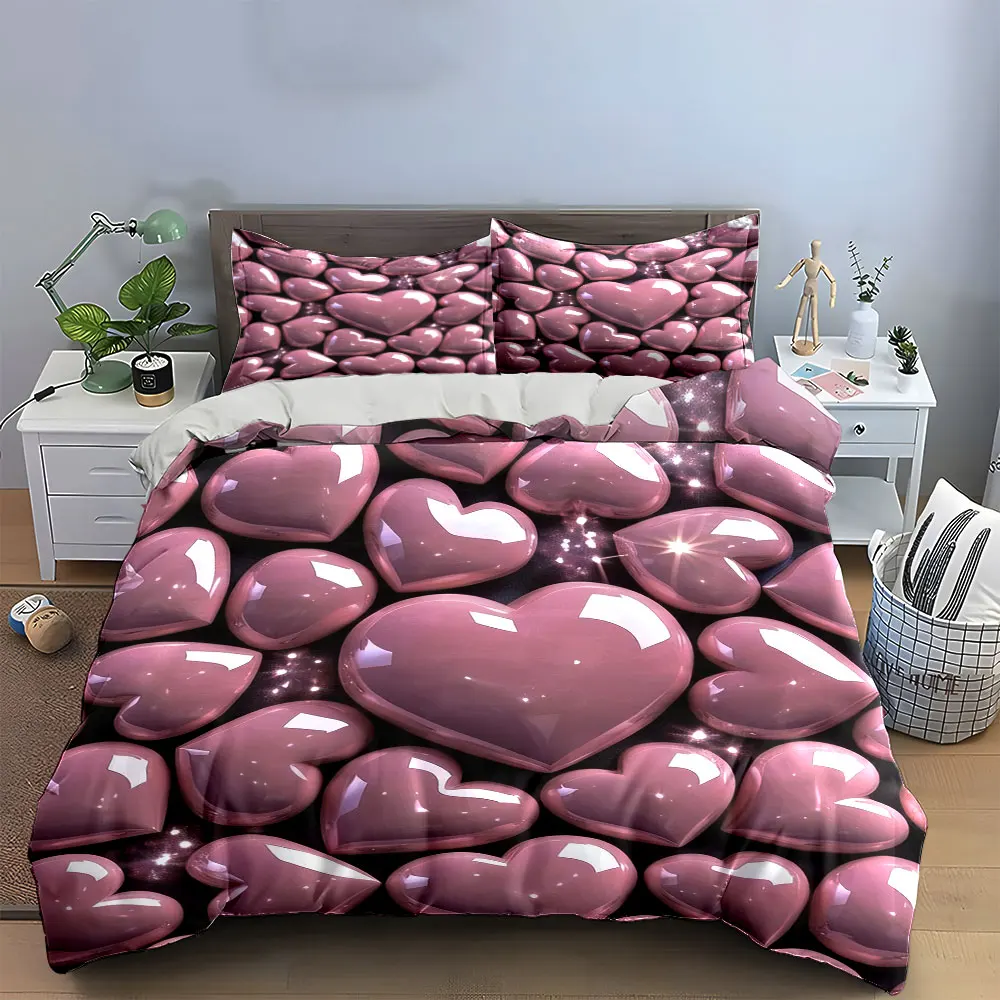 Pink Heart Art Decoration Set Soft Skin-Friendly Bedding Set Includes 1 Duvet Cover And 2 Pillowcase, Gift