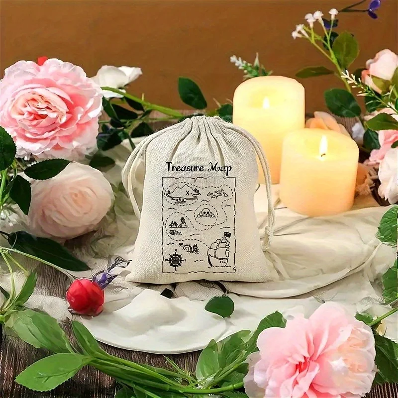 [10 قطع] حقيبة هدايا على شكل قرصان، حقيبة حلوى لحفلات أعياد الميلاد، طباعة خريطة الكنز، ديكور تجميع احتفالي وحقيبة تخزين
