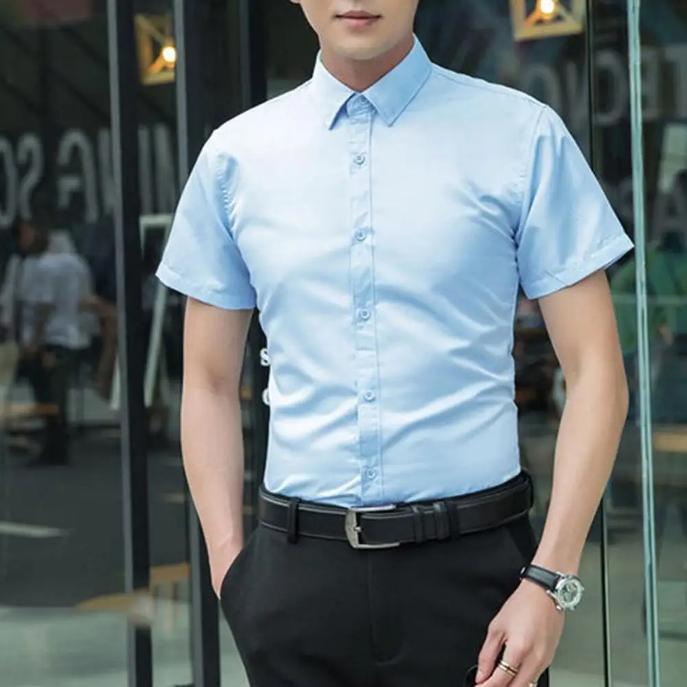 

Men Slim Fit Shirt Breathable Polyester Shirt Men's Summer Slim Fit Shirt Short Sleeve Button-up Turn-down Collar for Office