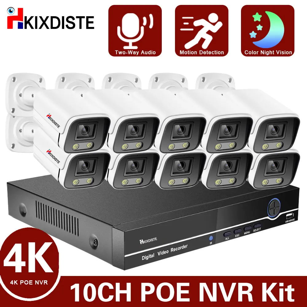 

IP-камера видеонаблюдения 10CH 4K POE NVR 8MP 8CH, система двухстороннего аудио с ии, цветная Водонепроницаемая камера ночного видения, комплект видеонаблюдения 4K