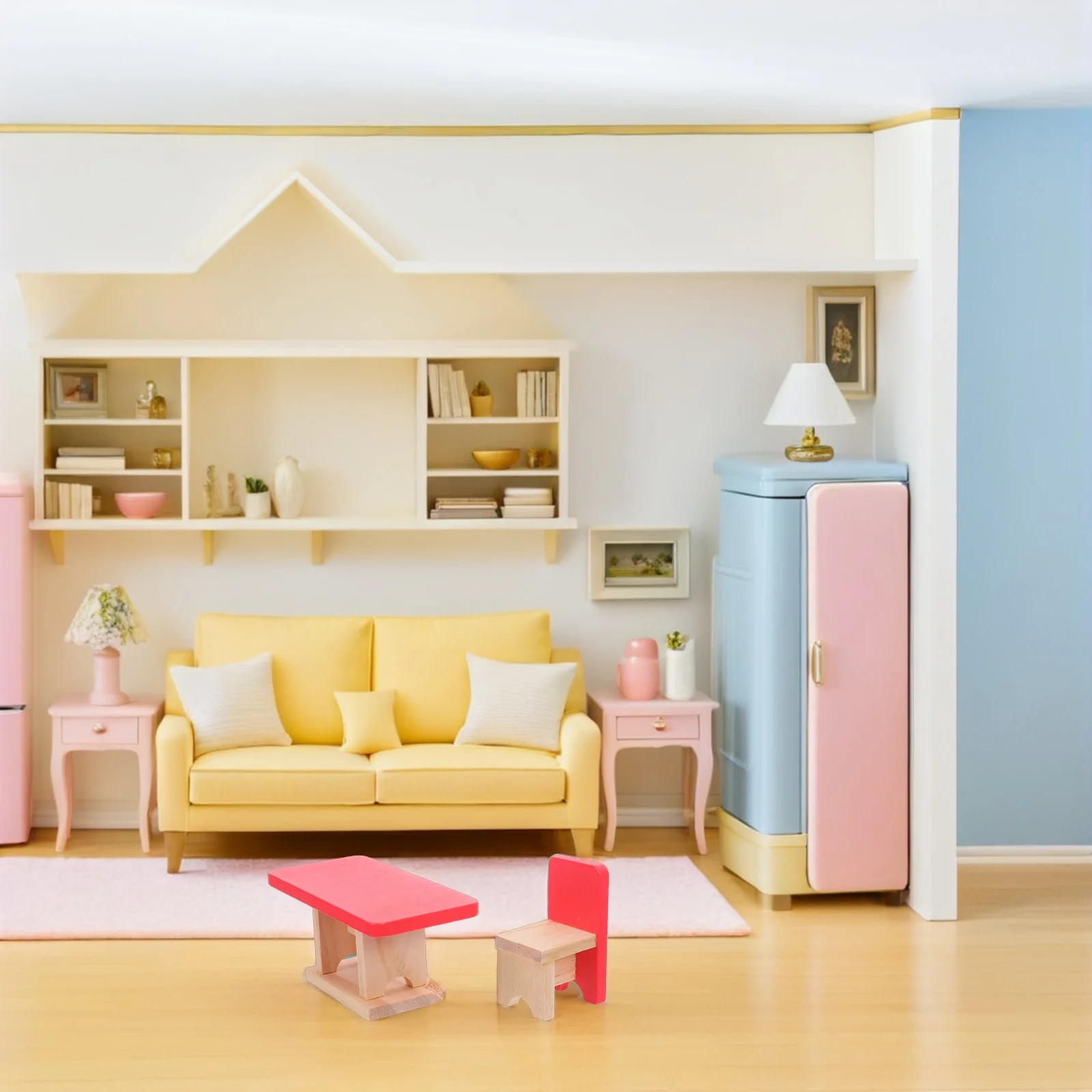 

1 комплект, деревянная мебель для кукольного домика, реалистичная ролевая игра, миниатюрный диван, чайный столик, шкаф, двухместный туалетный столик, набор для гостиной