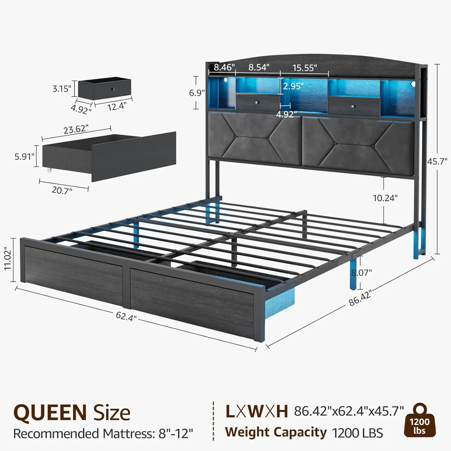 Черный каркас кровати размера «queen-size» с 4-мя ящиками для хранения вещей, обитые бархатные каркасы кроватей на платформе со светодиодной подсветкой изголовья с пуговицами, дерево