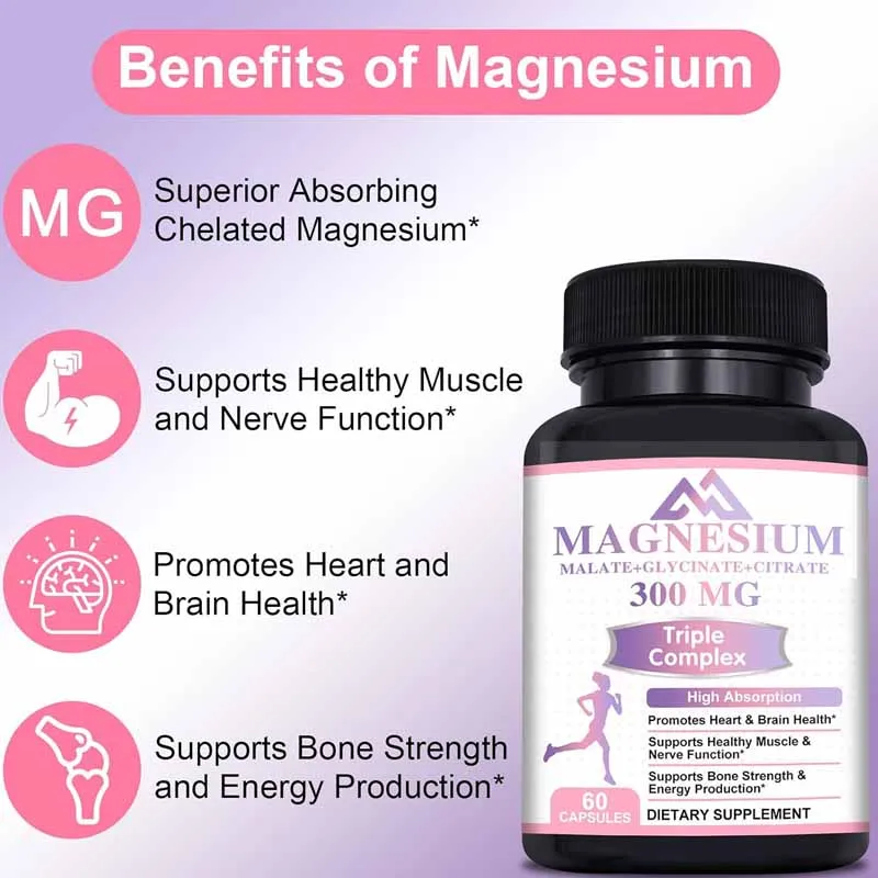 

Triple magnesium complex, 300mg magnesium glycinate, malic acid, and citrate, non GMO for muscle and bone health, 60 capsules