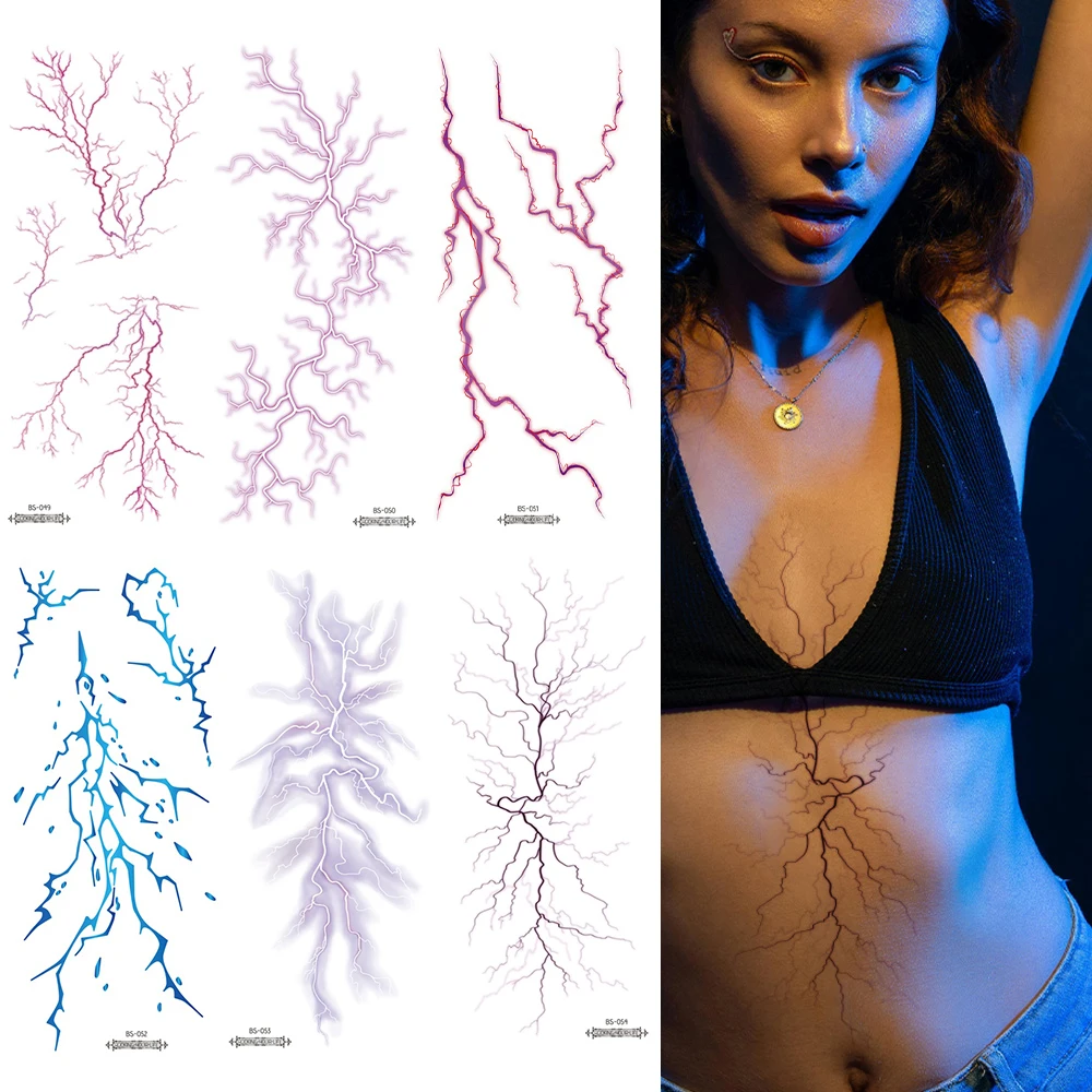 6pcs Halloween Purple Vascular Lightning Bolt Temporary Tattoo Stickers - Waterproof Realistic Fake Tattoos for Parties