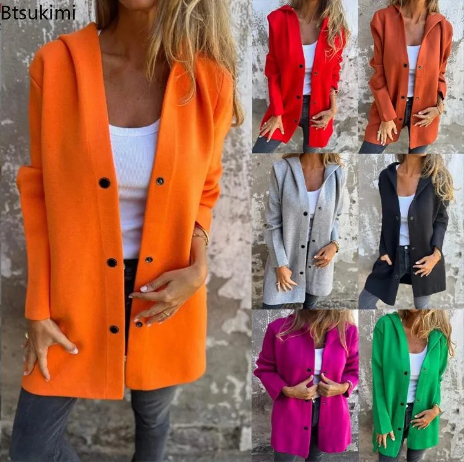 2026 New Autumn Winter Women's Elegant Jacket Hooded Single-breasted Coat Fashion Pockets Loose Versatile Street Lady Long Coats