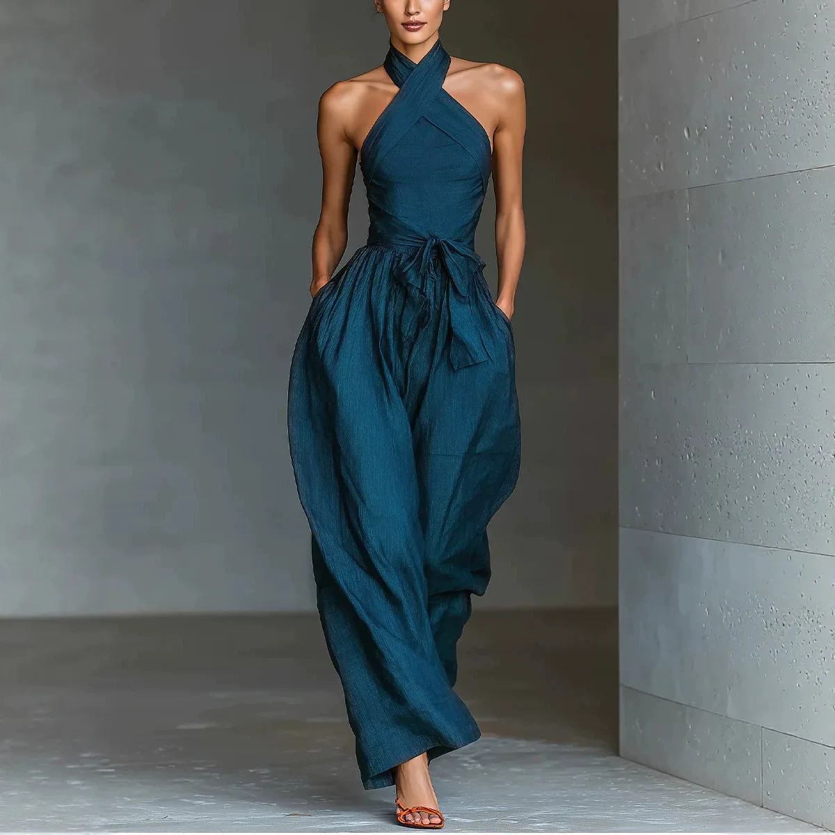 Elegant Women Halter Cross Neck Jumpsuit Sleeveless Drawstring Waist Wide Leg Pants Solid Pocket One Piece Romper For Daily
