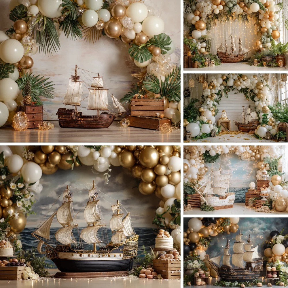 

Pirate Ship With Treasure Chest Backdrop for Photography Boy Birthday Cake Smash Backgrounds Flag Ball Decor Photo Studio Props