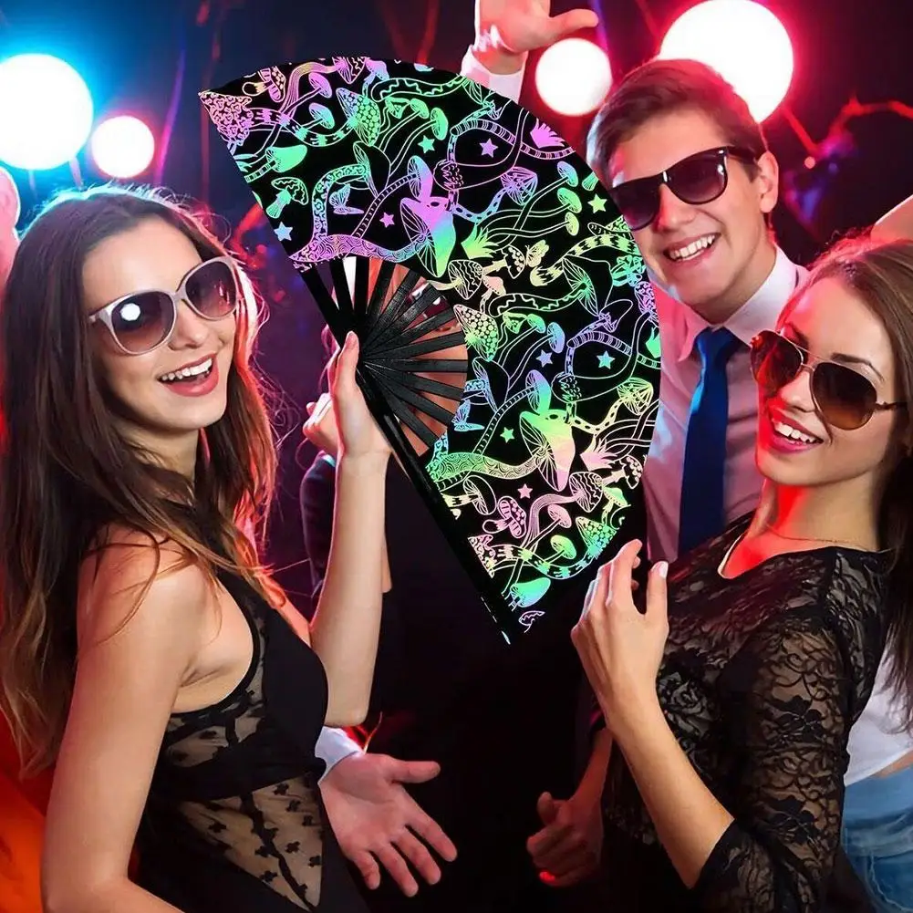 Colorful UV Fluorescent Folding Fan Handmade Chinease Gradient Colorful Reflective Luminous Foldable Fan For Bar Club