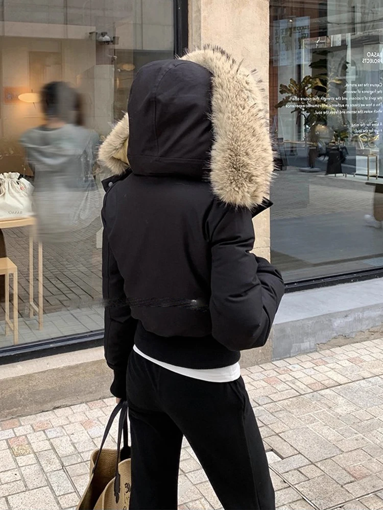 

Winter Short Big Fur Collar Hooded Down Jacket Women White Duck Down Zipper Parker Outwears Female Slim Thicken Warm Jackets