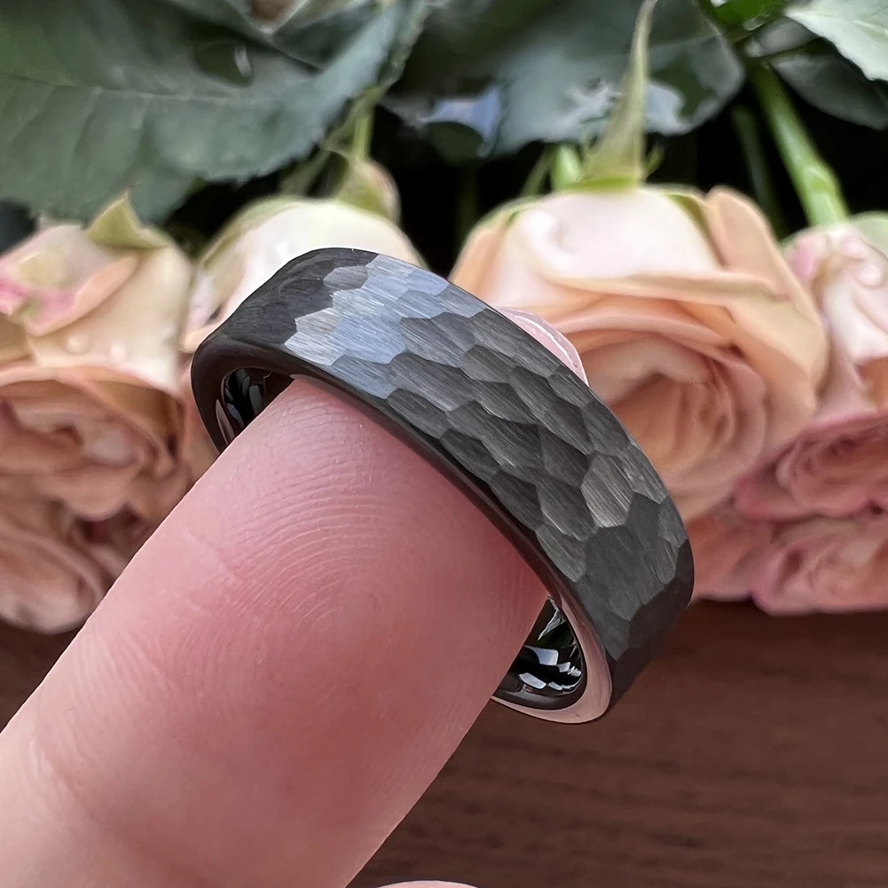 6mm Wolfram karbid ring vielfältig gehämmert für Männer Frauen Verlobung Ehering gebürstet fertig Komfort Passform – Detail 4