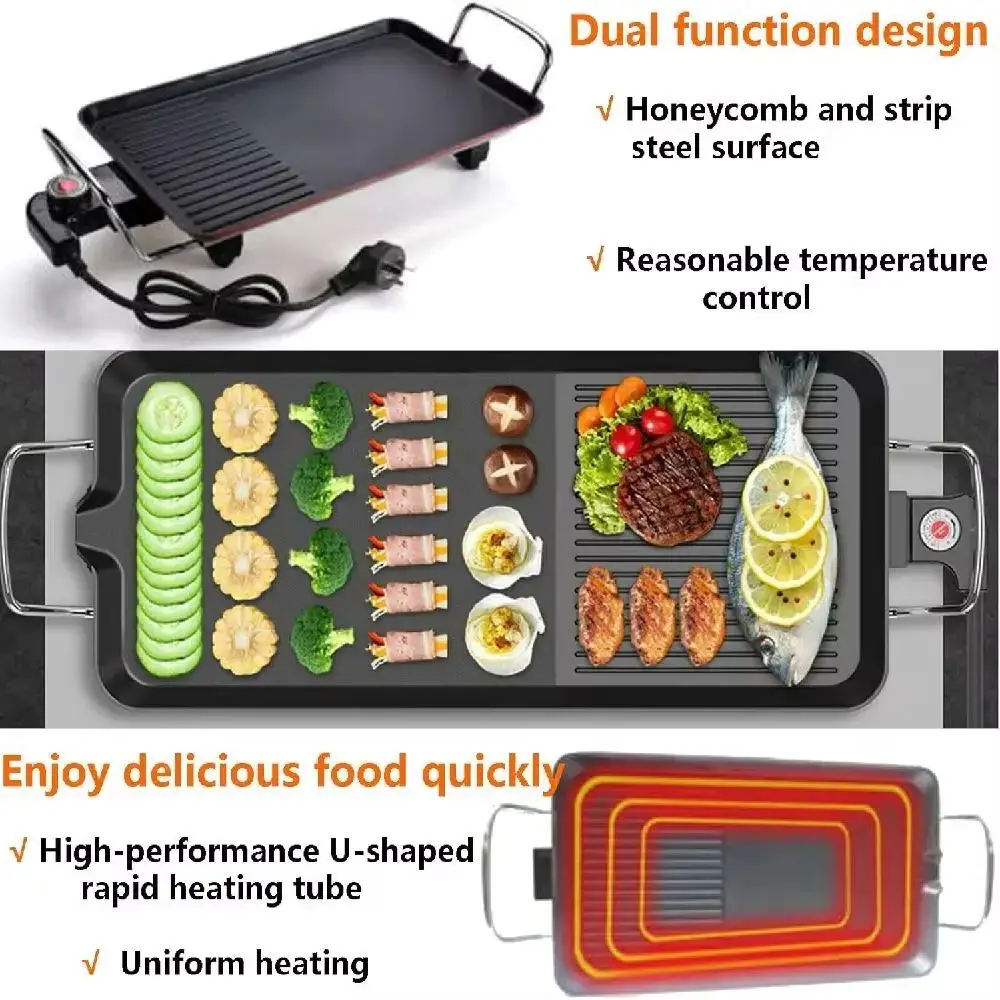 Electric Teppanyaki Grills Plate, Adjustable Temperature Table Top Non-Stick Barbecue Hot Plate for Kitchen Dinner Party Camping