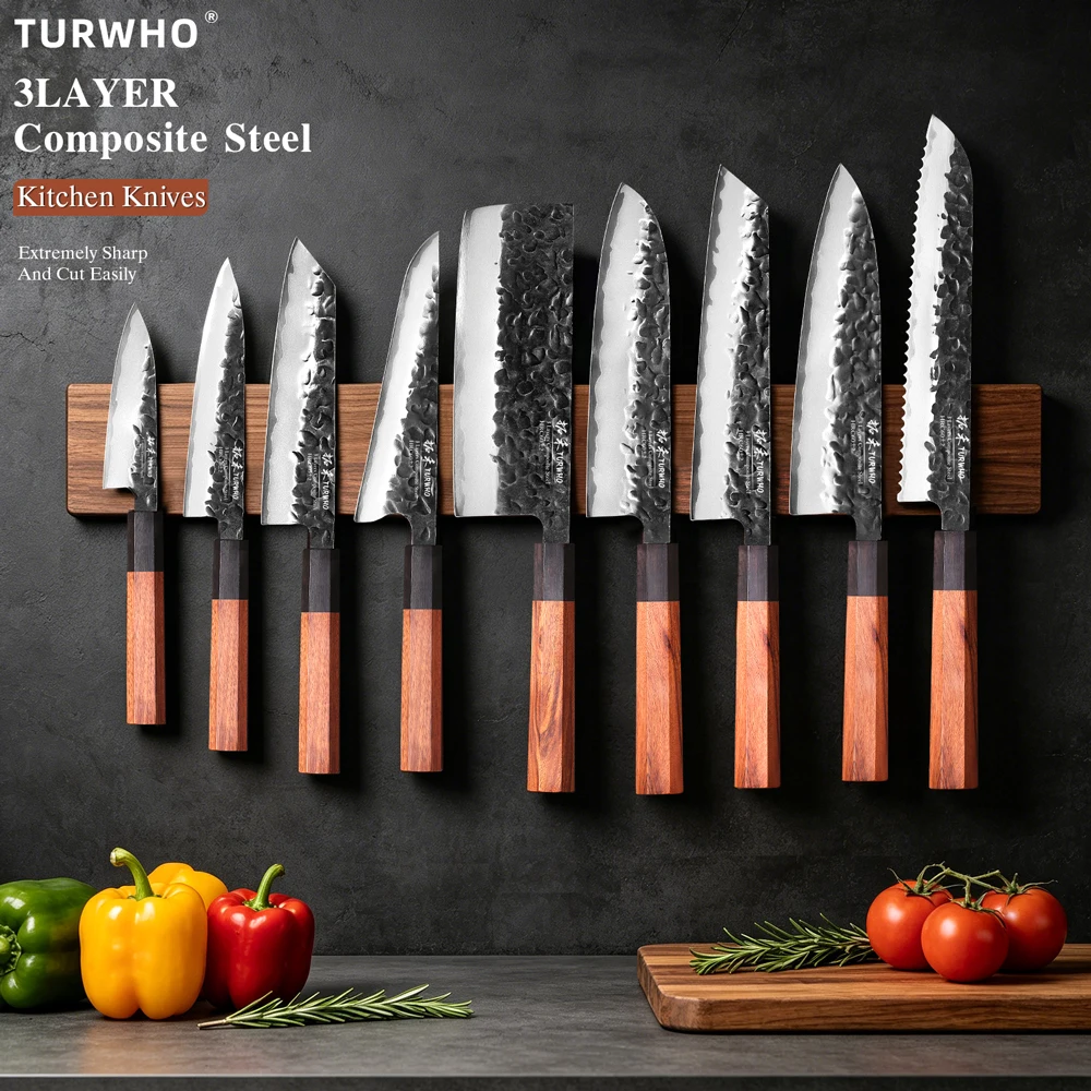TURWHO Japanese Chef Knife 3-Layer Composite Steel Professional Kitchen Knives Slicing Paring Utility Handmade Cooking Utensils