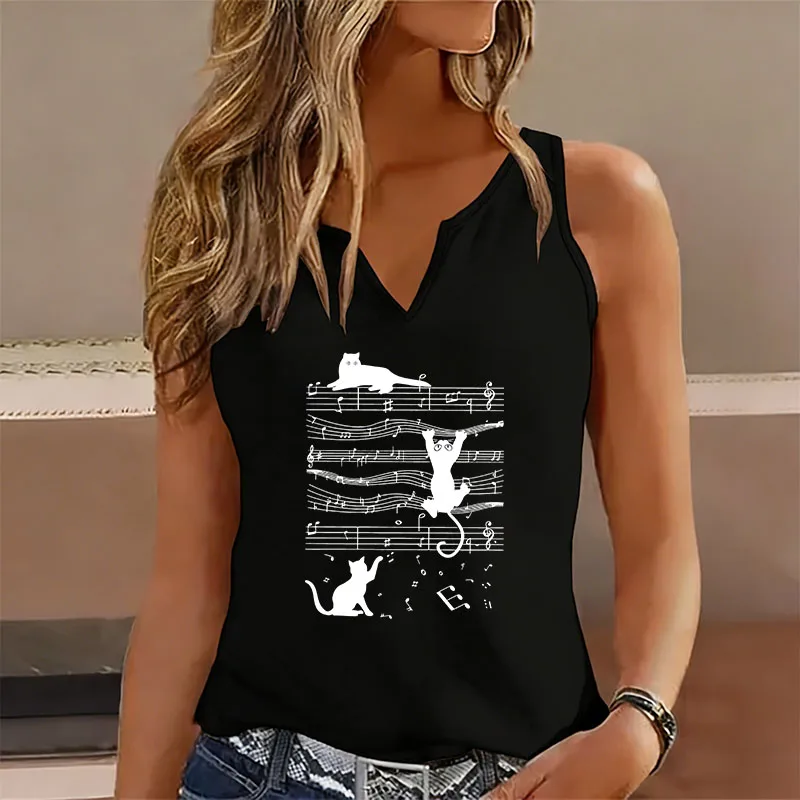 Sleeveless Tank Top T-shirt V Neck Casual Funny Music Cat Vest T Shirts Women Short Sleeve Tee Shirt V-Neck Shirt Graphic