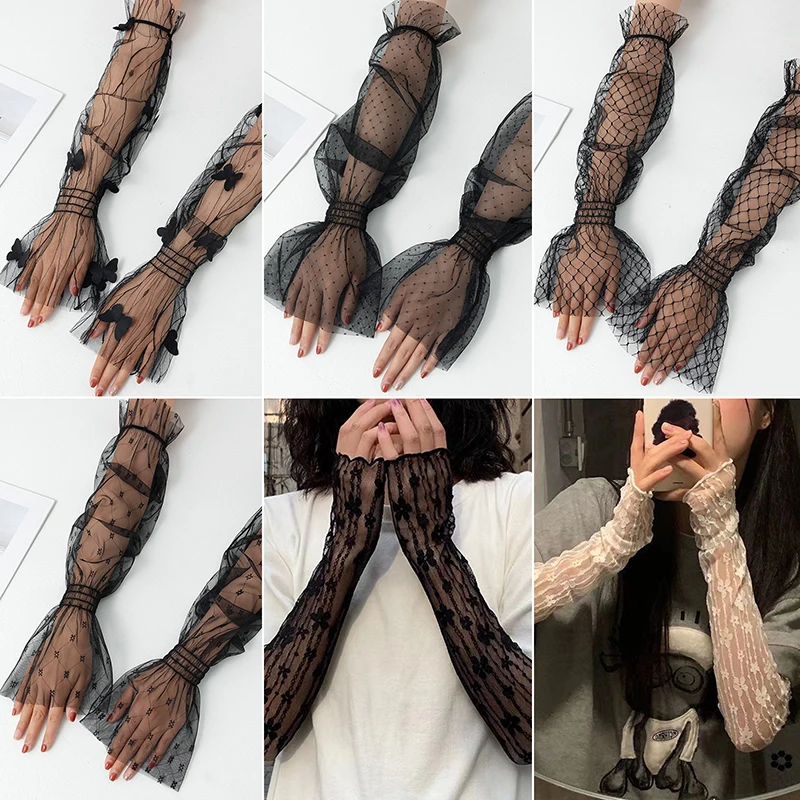 Long Lace Gloves Hollow-Out Fingerless Gloves Women Sun Protection Sleeves Mesh Lace Thin Hand Gym Gloves Sunscreen Accessories