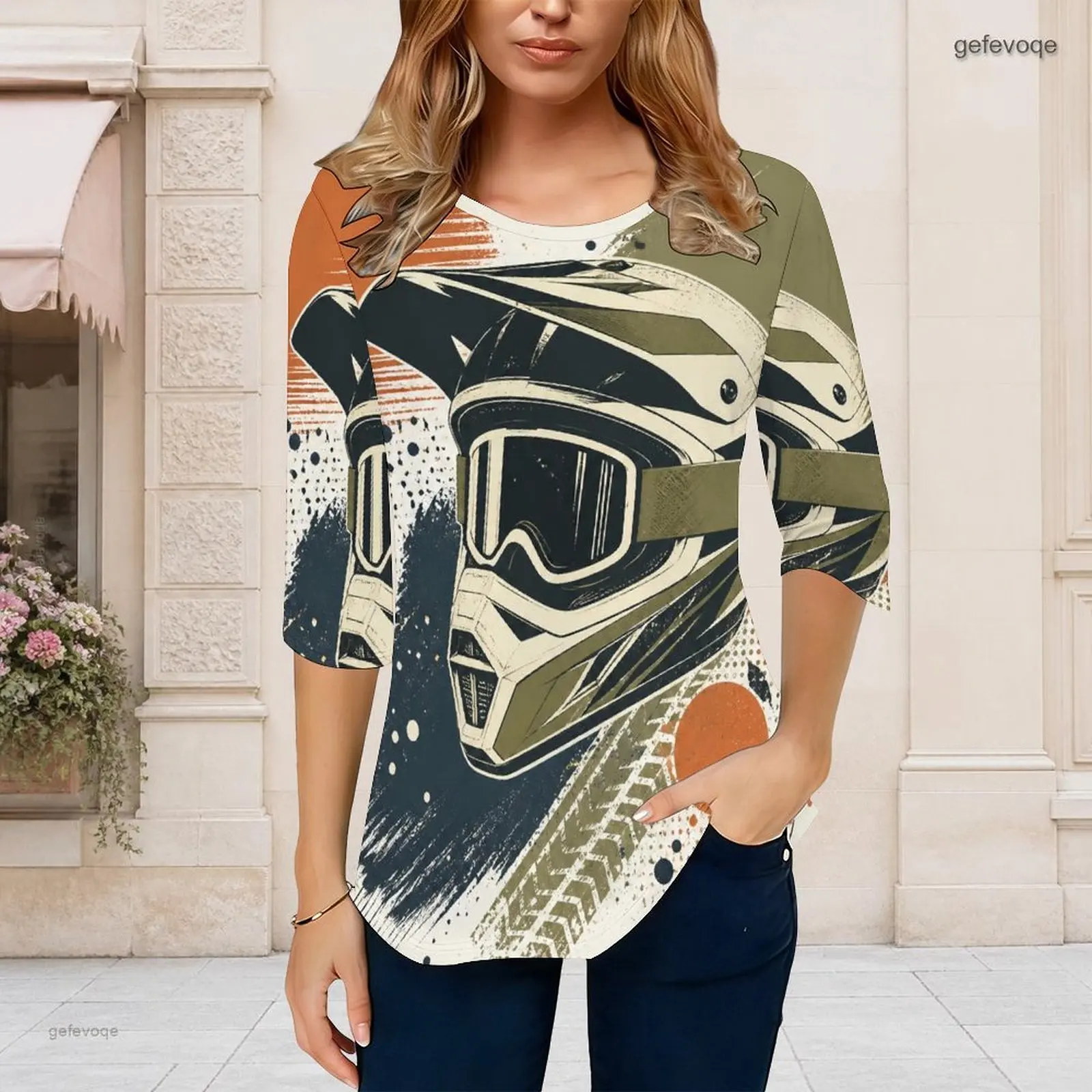 Women Cartoon Construction Vehicle Printed Round Neck 3/4 Sleeve Curved Hem Top