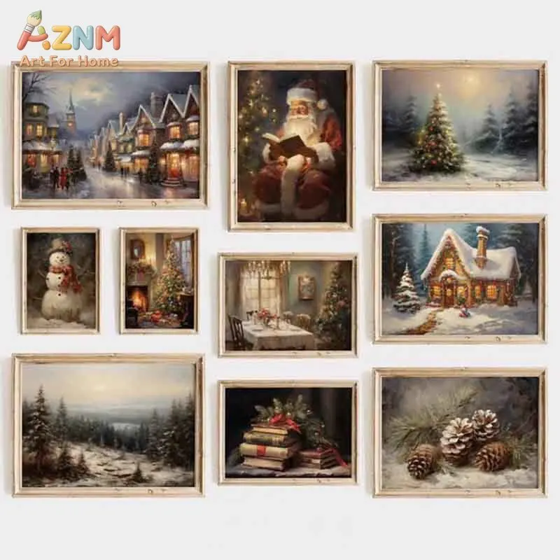 AZNM Vintage Winter Christmas Canvas Wall Art Santa Snowy Cottage Pinecone Snowman Scene Retro Oil Painting Style Festive Xmas F
