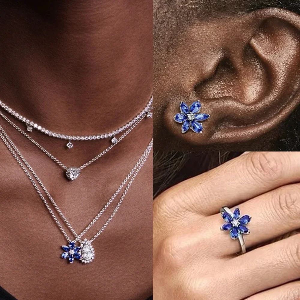 Boucles d'oreilles en argent Sterling 925, série de fleurs en verre bleu scintillant, pendentif, collier, bague, bijoux personnalisés haut de gamme pour femmes, cadeau