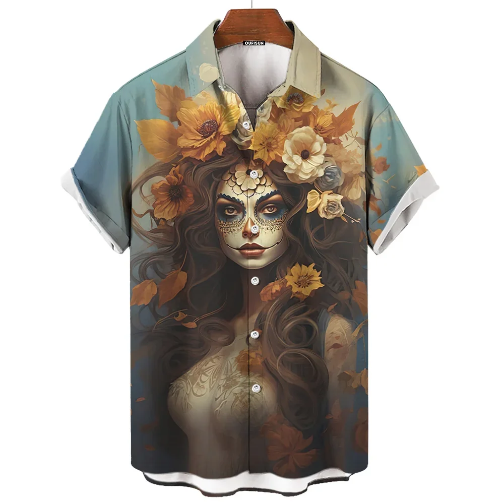 Day Of The Dead Shirt Skull Men's Shirts Skull Face 3d Print Short Sleeve Retro Loose Oversized Man Clothing Festival Clothing