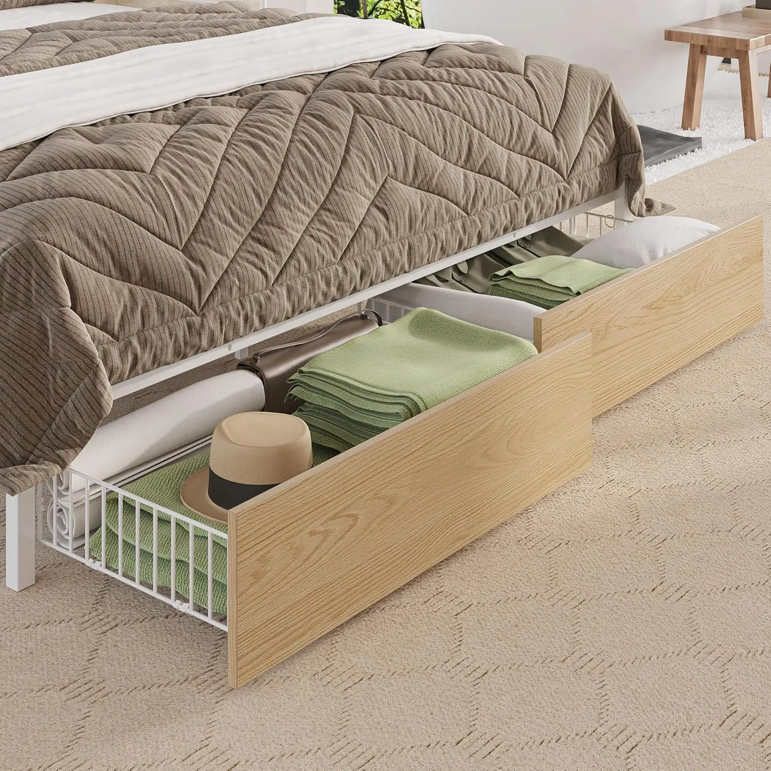 Queen Bed Frame with Guardrail & Bedside Caddy, Multifunctional Headboard with Charging Station, Durable Metal Platform