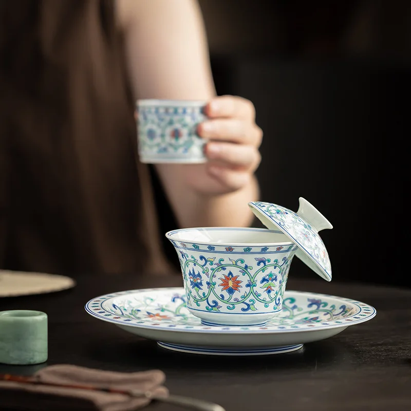 Doucai Lotus Scroll Sancai Hover Gaiwan Chinese Kung Fu Tea Set Enamel Porcelain Tasting Cup for Home Chinese Tea Ceremony
