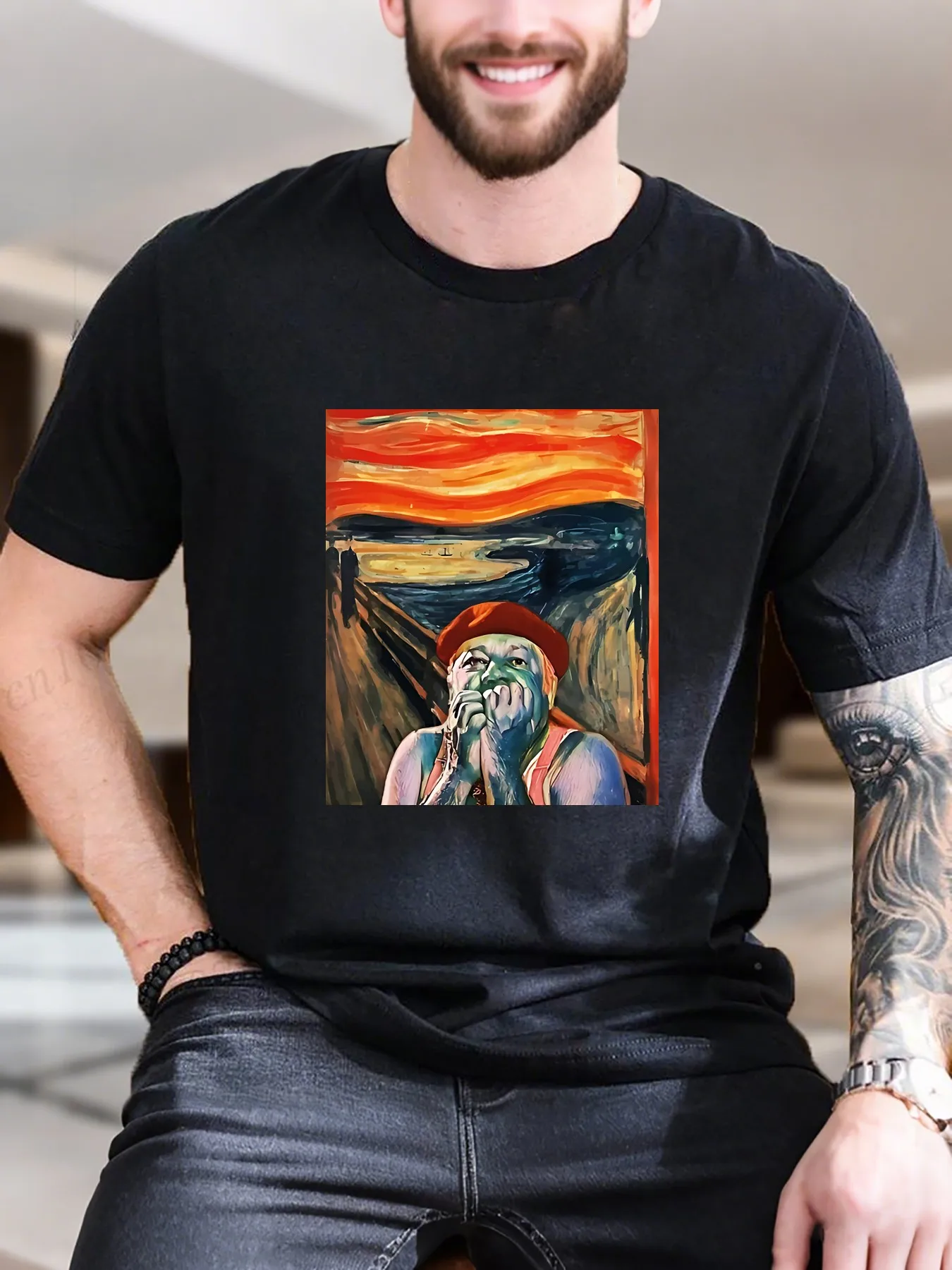 

New Arrival Fashion Men's Printed Short Sleeve T-Shirt Artistic Blue Face Red Hat Painting Design 100% Cotton Breathable Comfort