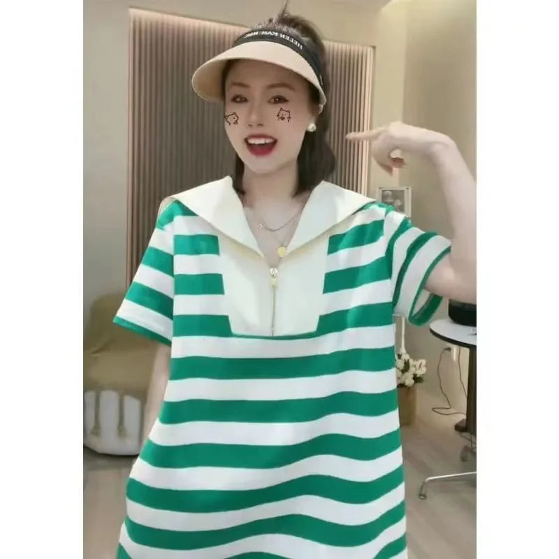 Gestreepte Plus Size Losse Straat Casual Marine kraag T-shirt Jurk Zomer Nieuwe Korte Mouw Rits Mini Jurk Mode Vintage Vrouwen