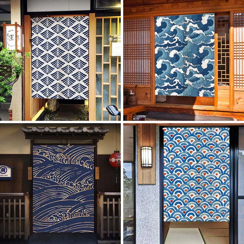 Waves Texture Japanese Noren Doorway Curtains Artistic Painting Hanging for Kitchen Partition Bedroom Door Decor Curtain Linen