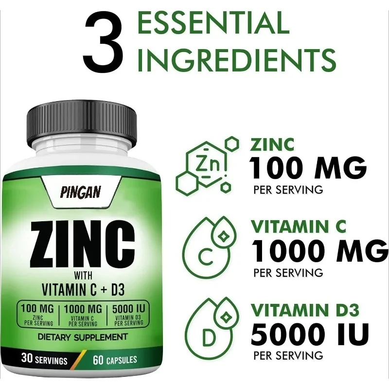 Zinc 100mg, Vitamin C 1000mg, Vitamin D3 5000IU (125mcg) Per Serving - Gluten Free, Non GMO, 60 Capsules, 30 Servings