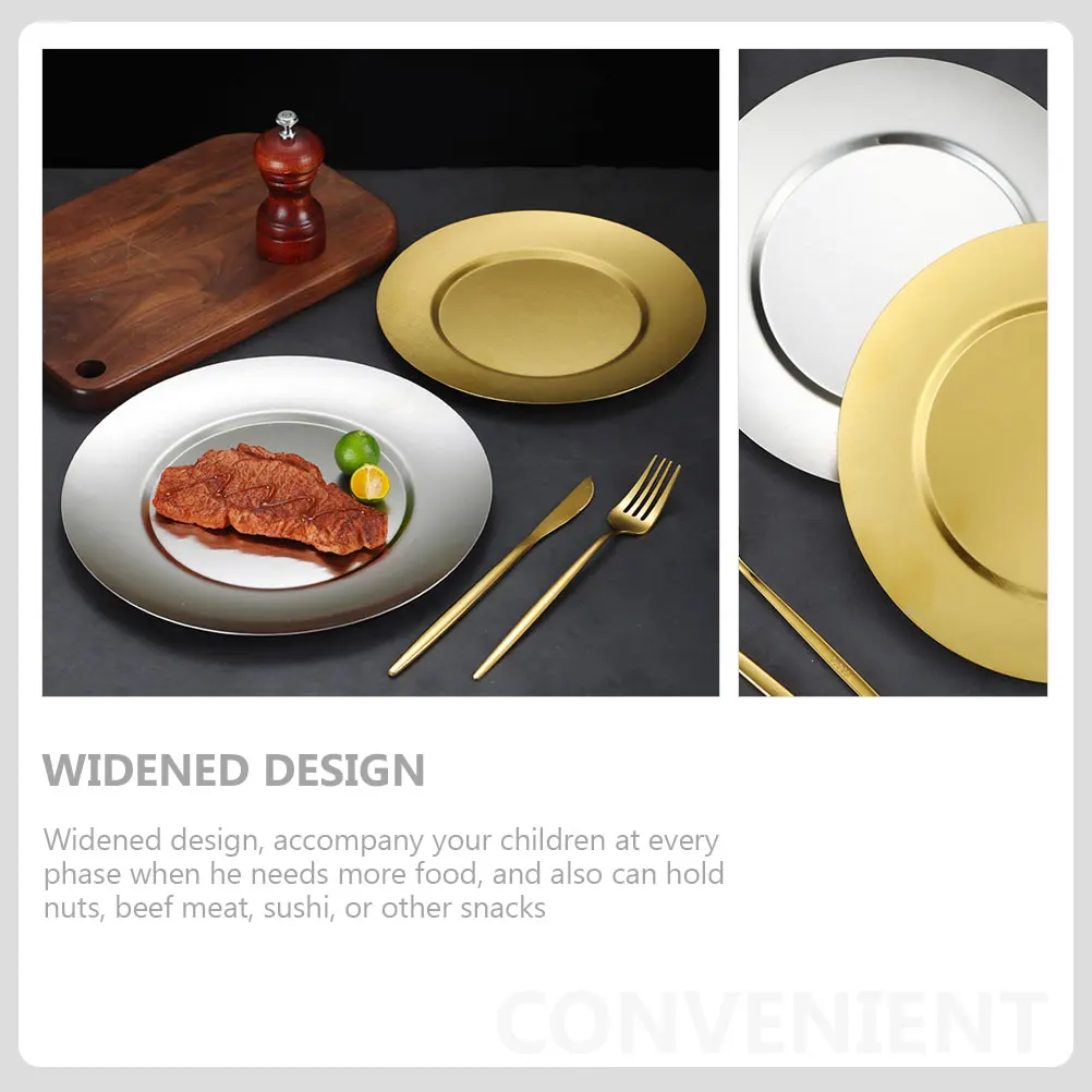 

Stainless Steel Plate Shallow Disc Steak Dinner Vintage Kitchen Platters Food Grade Portable Easy Clean Machine Washable