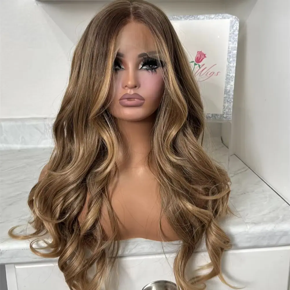 13x4 Middle Part Ombre Brown Synthetic HD Lace Front Wig Soft Long Wave Wig Glueless Preplucked Hairline 24 Inches High Quality
