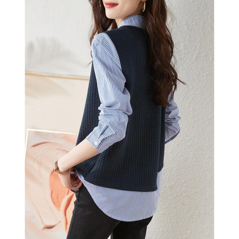 Spring Autumn New Polo-neck Vintage Striped Patchwork Shirt Ladies Long Sleeve Fake Two Pieces Casual Fashion Blouse Women\'s Top