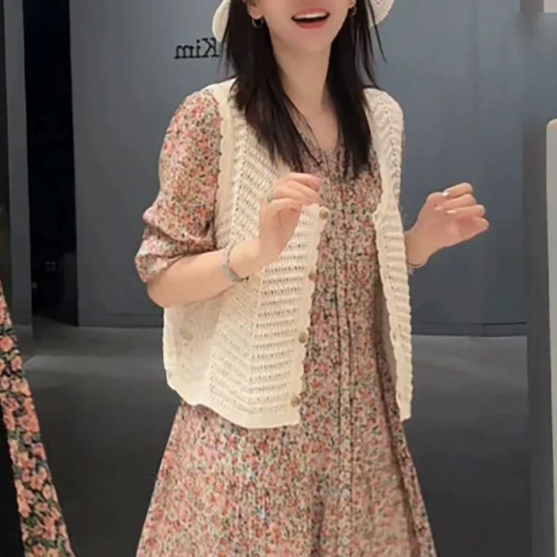 

French Sle Layering Tool~Forest System Island Spring Summer Wave Lace Hollow Knitted Vest Open Cardigan Women 2 Colors