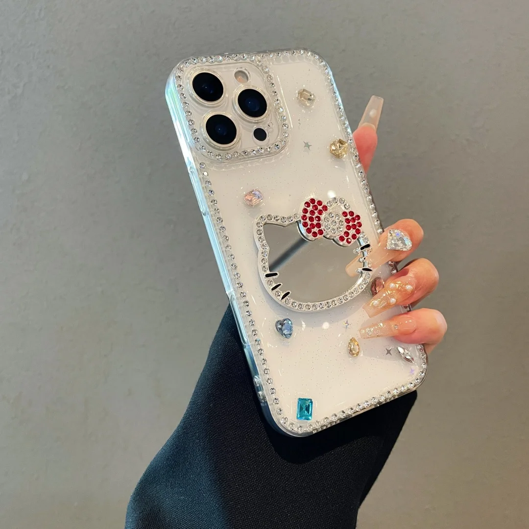 

Luxury Rhinestone Heart Makeup Mirror Kitten Clear Soft Case For iPhone 16 15 14 13 Pro Max Plus Transparent Shockproof Cover