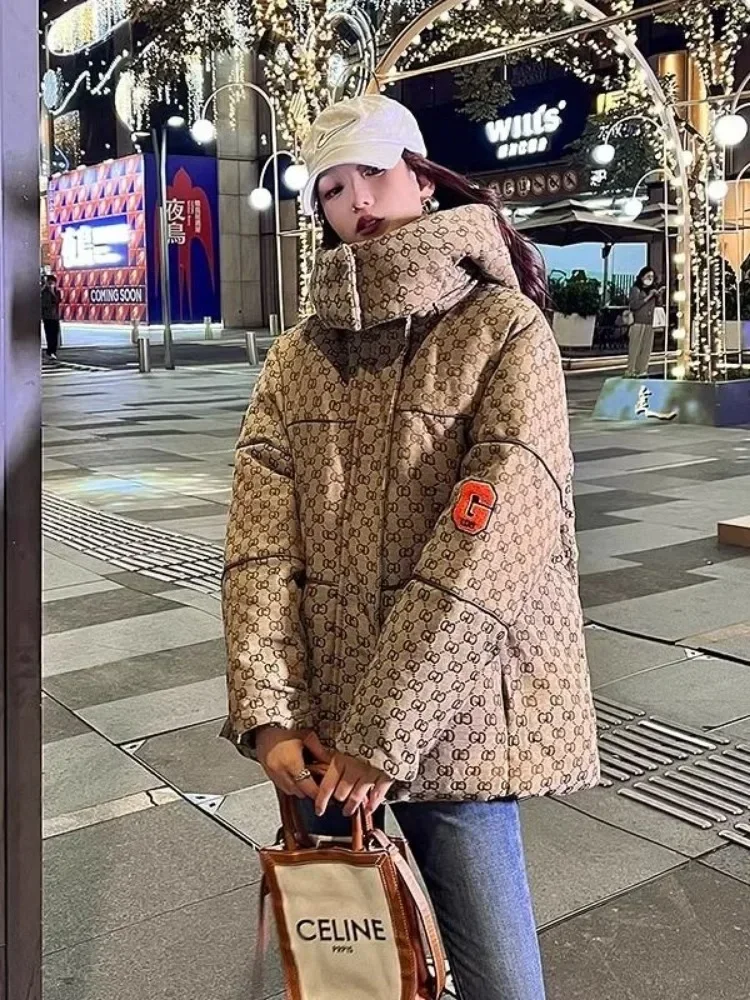 Veste à Capuche Imprimée de Lettres pour Femme, Parka de Luxe, Bouffante, en Coton, Design Combiné, Vintage, Coupe-Vent, Collection Hiver