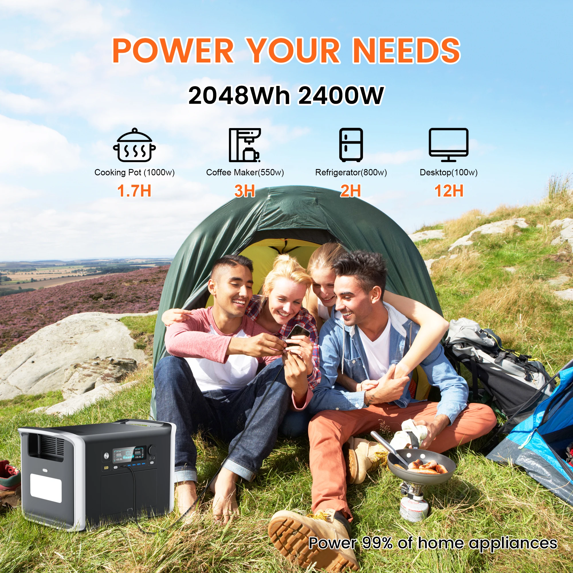 2400W Portable Power Station 2048Wh LiFePO4 Batter, 2 Hour Fast Charging, 220V/110V AC Outlets UPS Camping Solar Generator