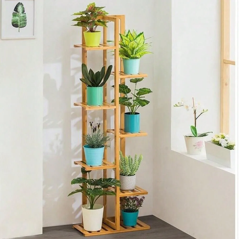 Soporte vertical de bambú para plantas, estantes altos y bajos, estante para flores, exhibición para interiores y exteriores