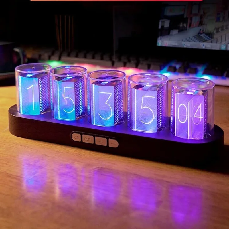 Cyberpunk Style Table Nixie Tube Clock RGB Glow Tube Clock Walnut Wood Base LED Electronic Digital Alarm Lamp Clock Timer Gift