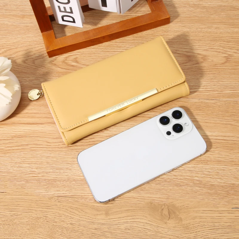 Women Long PU Wallet 2‑Fold Solid Color Clutch Multi‑Card Slots Large Capacity Zipper Purse Korean Style Ladies Hand Wallet