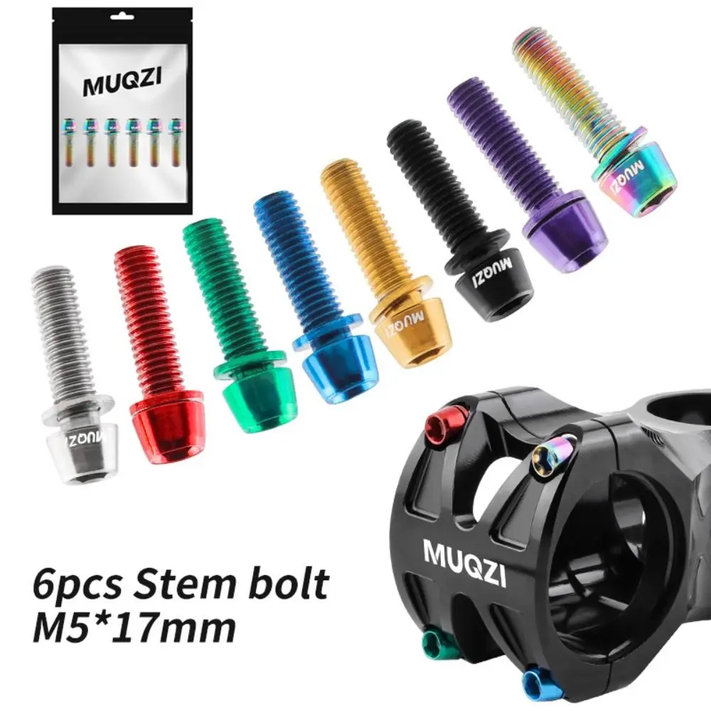 6PCS M5x17mm Stem Bolts MTB Road Bike Bicycle Handlebar Stem Screw with Washer Titanium-plated Steel Stem Riser Screw
