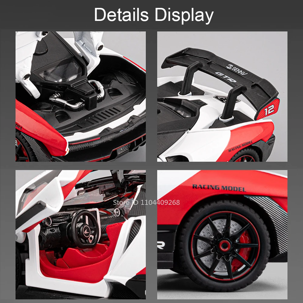 1:24 Scale Senna 720S Sports Car Model Toy Doors Opened Sound Light Pull Back Supercar Models Boys Holiday Ornaments Gifts