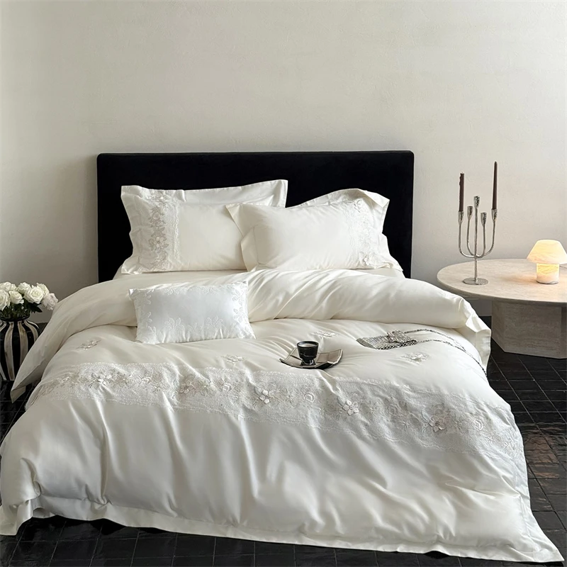 Luxury 1000TC Egyptian Cotton Bedding Set Floral Lace Embroidery Silky Soft Hotel Quality Duvet Cover Bed Sheet Pillowcases 4Pcs