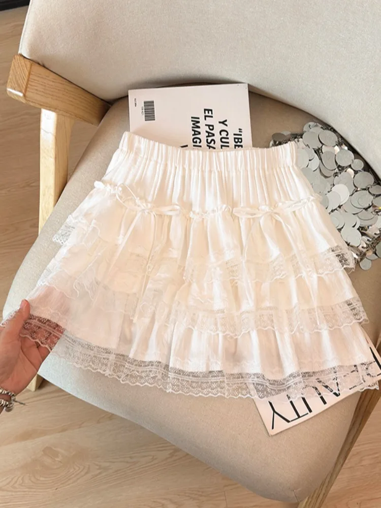 ホワイトレーストリムケーキショートスカート女性の夏甘いバレエスタイルaラインハイウエスト痩身アンチライトハーフスカート