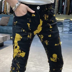 Pantalones vaqueros con Graffiti personalizados para hombre, Jeans elásticos ajustados, estilo Hip Hop, Punk, a la moda, color negro y dorado, 2024