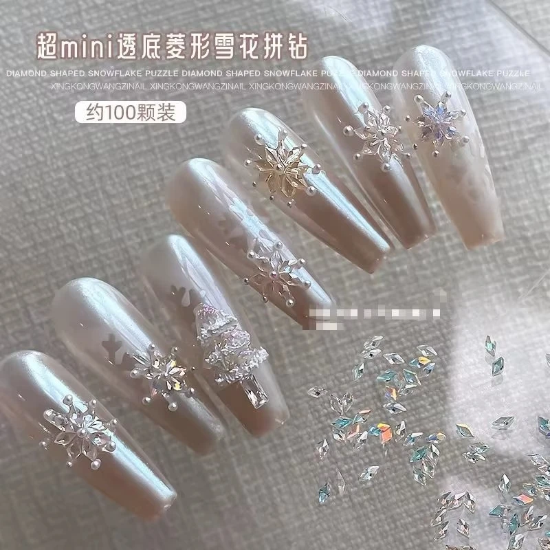 Snowflake Mini Diamond Nail Drill Flat Bottom Sparkling 1.5 * 3mm Premium Diamond Silver Christmas Nail Accessories