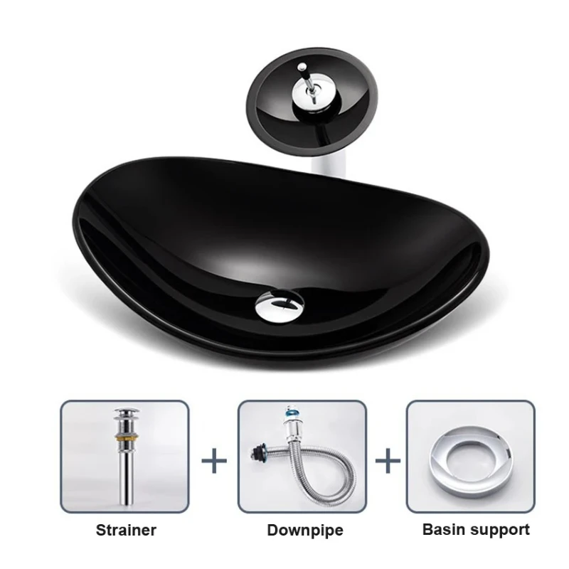A Great discounts Black Tempered Glass Bathroom Mixer Basin Washbasin Brass Faucet Set Oval Washroom Basin Vessel Vanity Sink